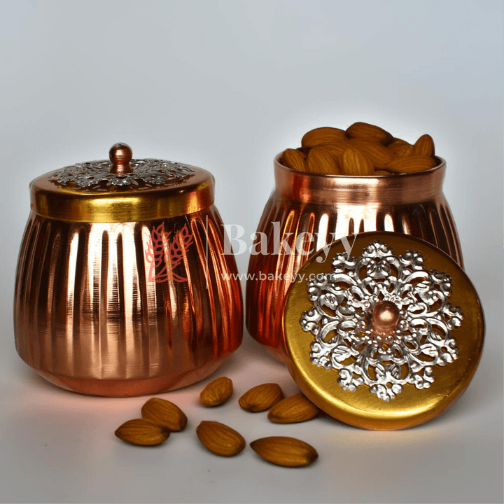 Hammered Copper Decorative Jar with Floral Lid | Copper tin & Copper lid | (Pack of 1) - Bakeyy.com