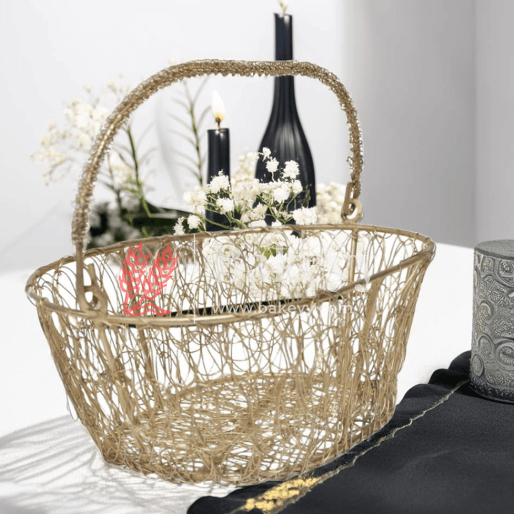 Decorative Gold Metal Hamper Basket For Gifting Oval - Bakeyy.com