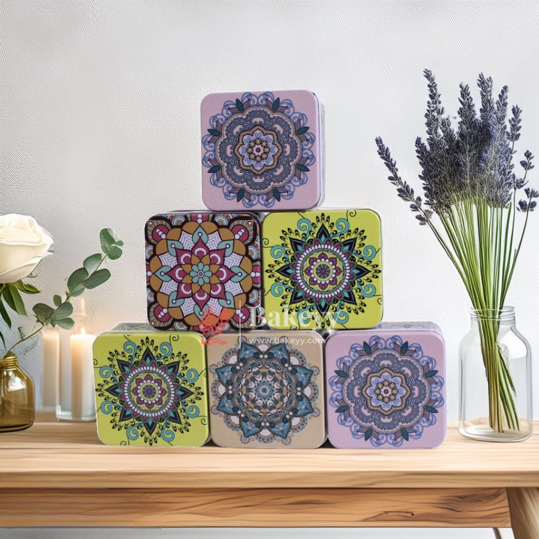 8x8x5cm| Matka Tin | Square Shaped Decorative Boxes | Pack Of 6 | Different Designs| Candle Tin Box |