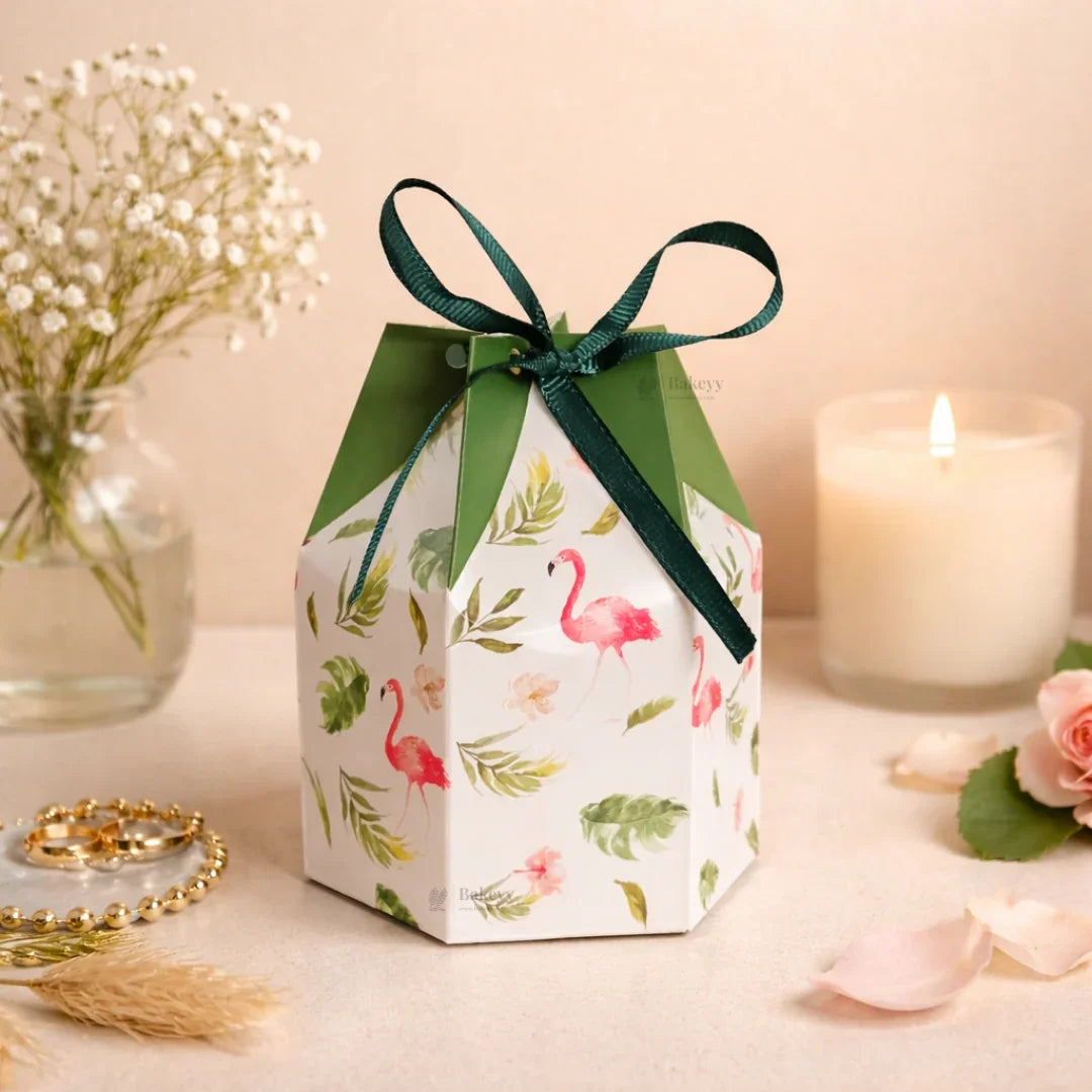 Flamingo_Tropical_Print_Hexagon_Gift_Box_with_Ribbon_Tie_3 - Bakeyy.com