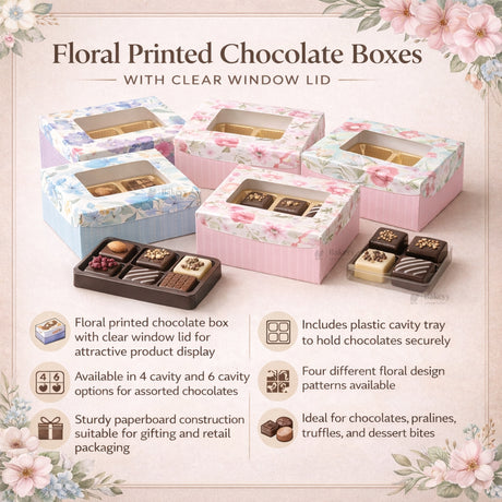 Floral Chocolate Box with Window | 2 Capacity Available | Chocolate Packaging Box | 4 Designs Available | Pack of 100