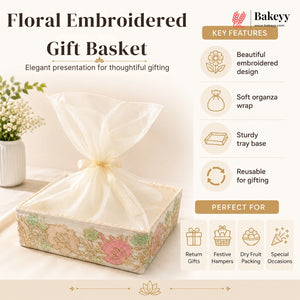 Floral embroidered gift basket with key features listed on a beige background