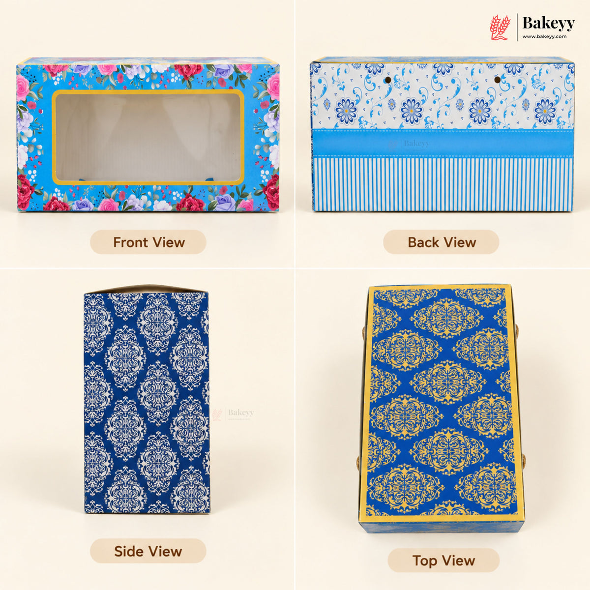A four-panel product view of a decorative rectangular bakery box on a light beige background. The box has floral and blue patterned printing with gold trim and a clear front window.