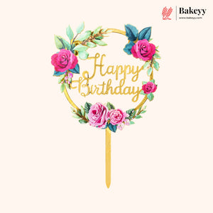 Floral Happy Birthday Cake Topper | Gold Finish Assorted Birthday Cake Decoration | 50 Pieces Per Pack| Pack of 5