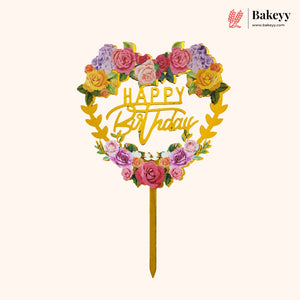 Floral Happy Birthday Cake Topper | Gold Finish Assorted Birthday Cake Decoration | Pack of 5