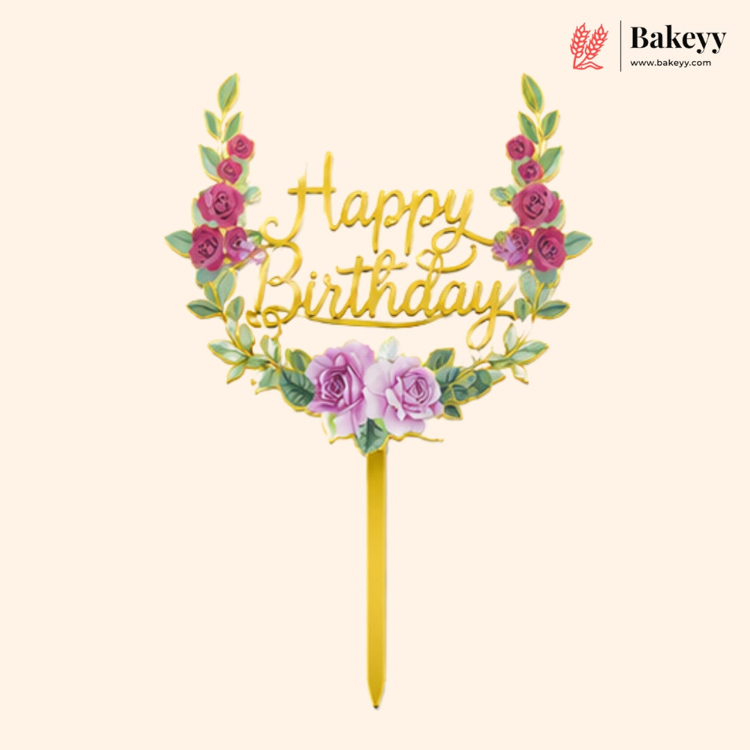 Happy Birthday cake topper with floral design on a white background, featuring the brand 'Bakeyy'.