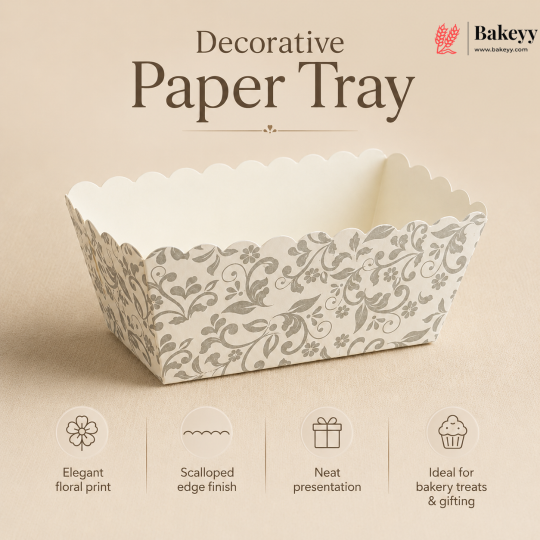 Decorative paper tray with floral pattern on a beige background, featuring the Bakeyy brand.