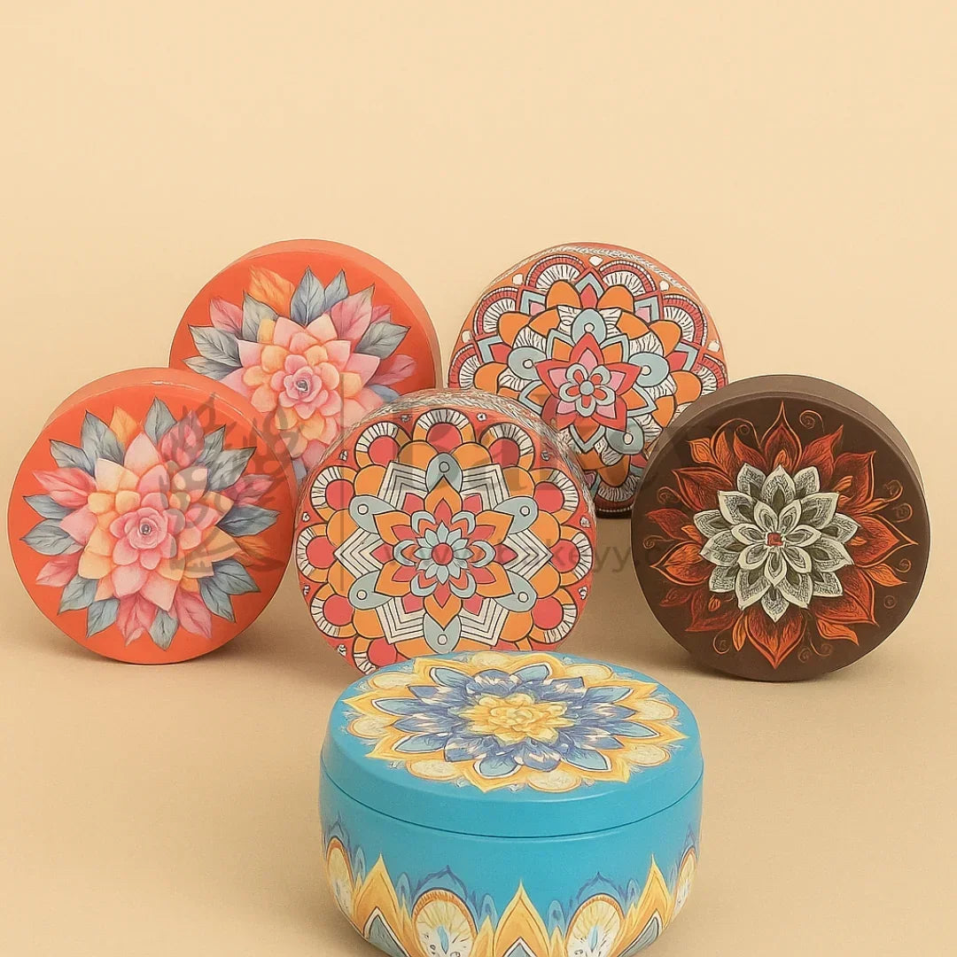 Set of colorful decorative tins with floral patterns on a beige background
