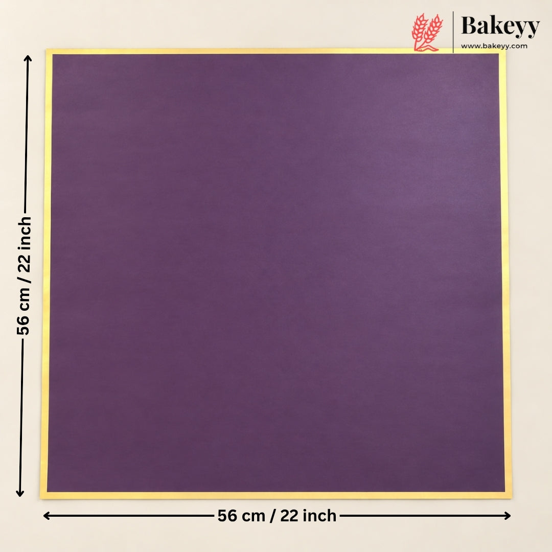 A square purple baking sheet or cake pan shown on a light beige background with dimension arrows and text indicating 56 cm / 22 inch on each side. A Bakeyy logo and website appear in the top right corner.