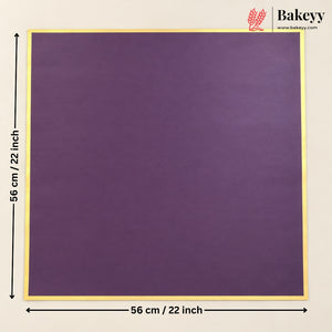 A square purple baking sheet or cake pan shown on a light beige background with dimension arrows and text indicating 56 cm / 22 inch on each side. A Bakeyy logo and website appear in the top right corner.