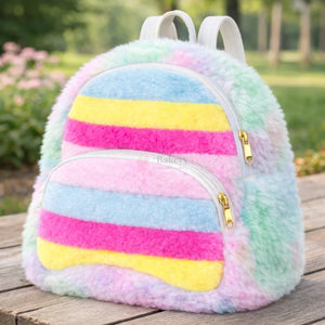 FluffyRainbowKidsBackpackCutePlushFauxFurMiniSchoolBagforKids - Bakeyy.com