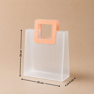 Clear plastic bag with a pink handle and measurements on a beige background