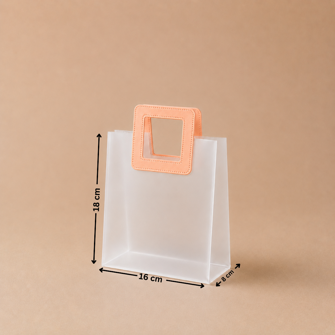 Clear plastic bag with a pink handle and measurements on a beige background