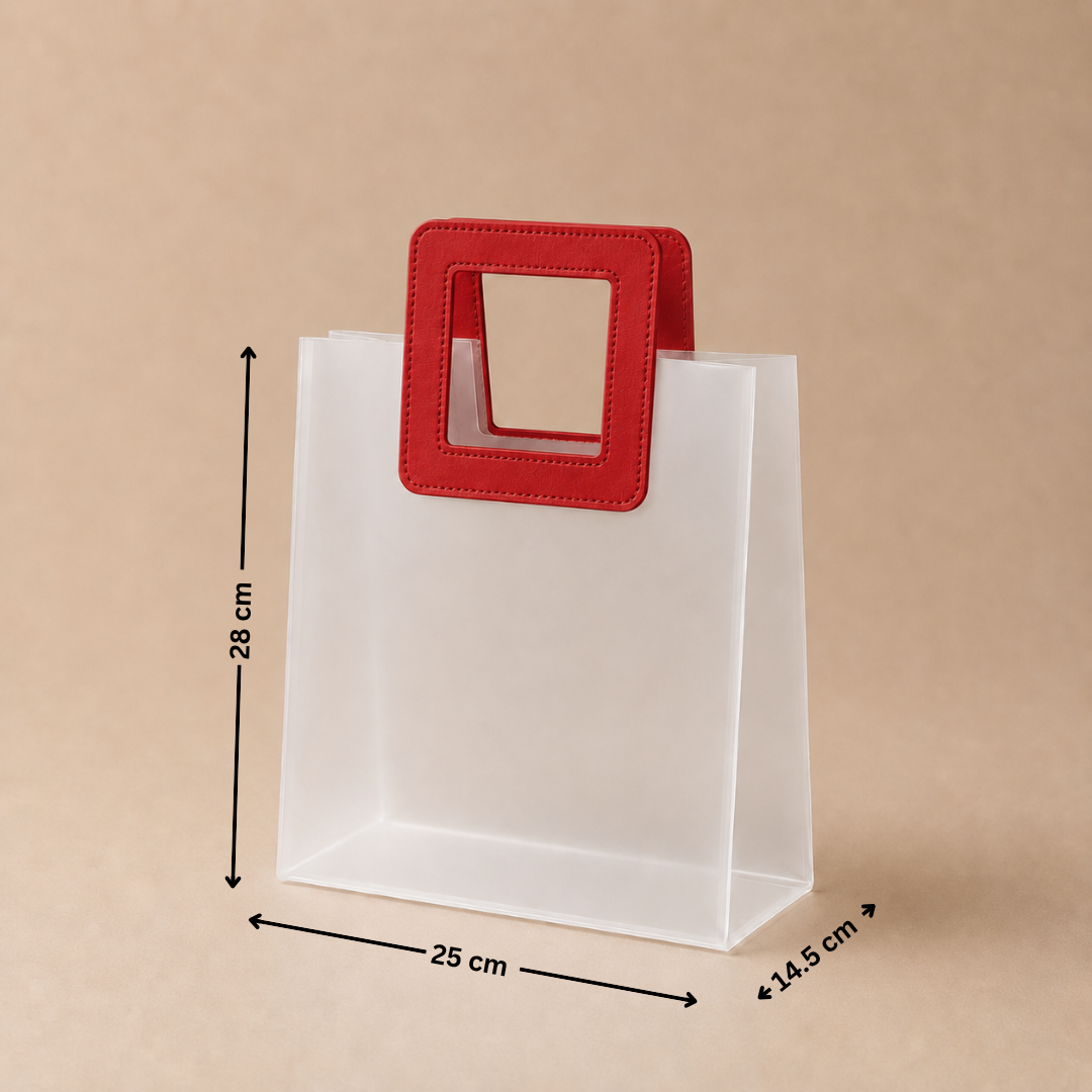 White paper bag with a red handle and measurements on a beige background