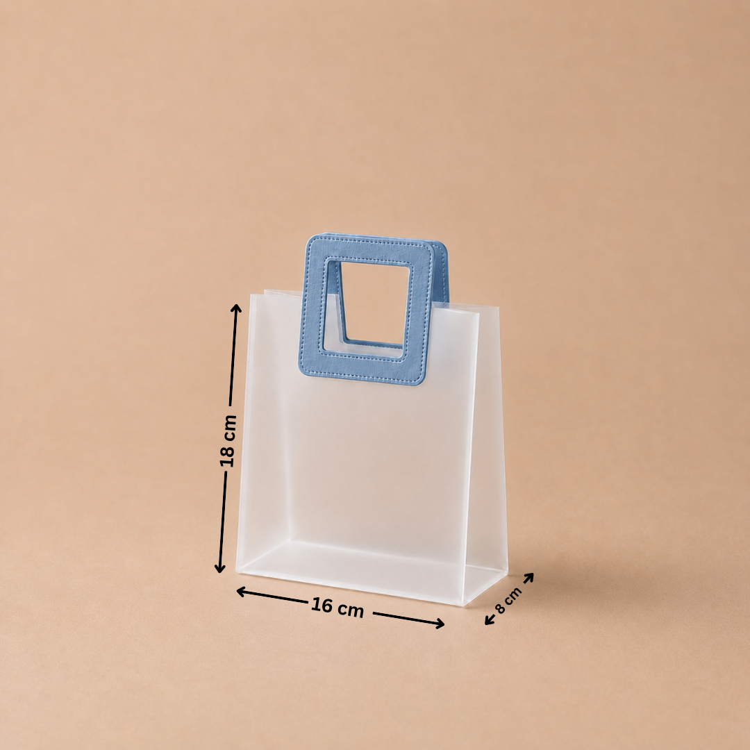 Clear plastic bag with blue handle and dimensions on a beige background