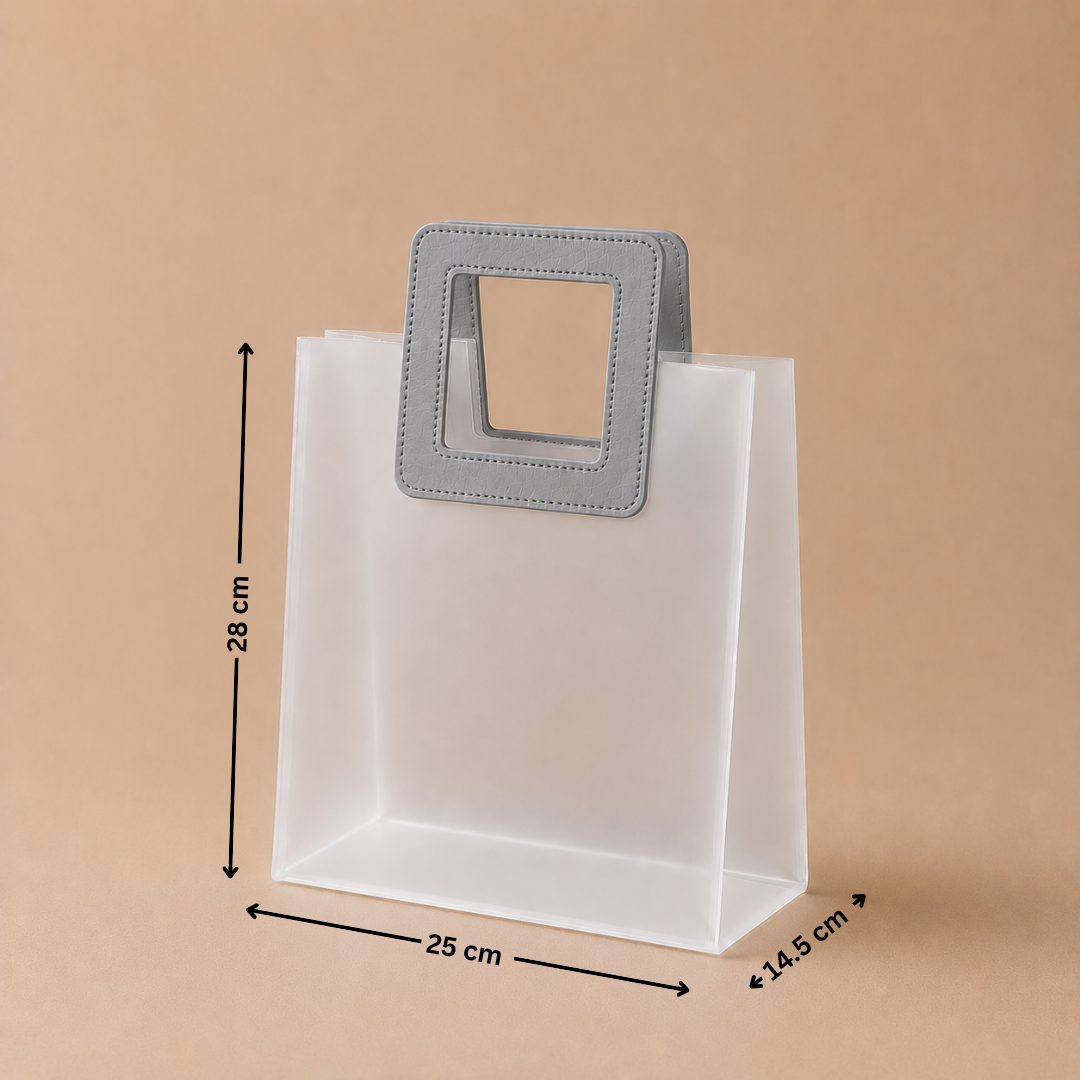 White paper bag with gray handles and measurements on a beige background