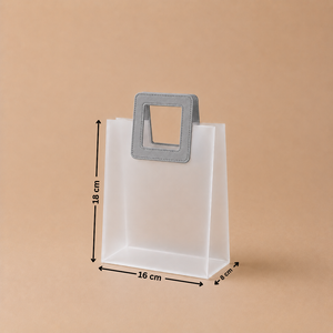 White paper bag with a gray handle and dimensions on a beige background