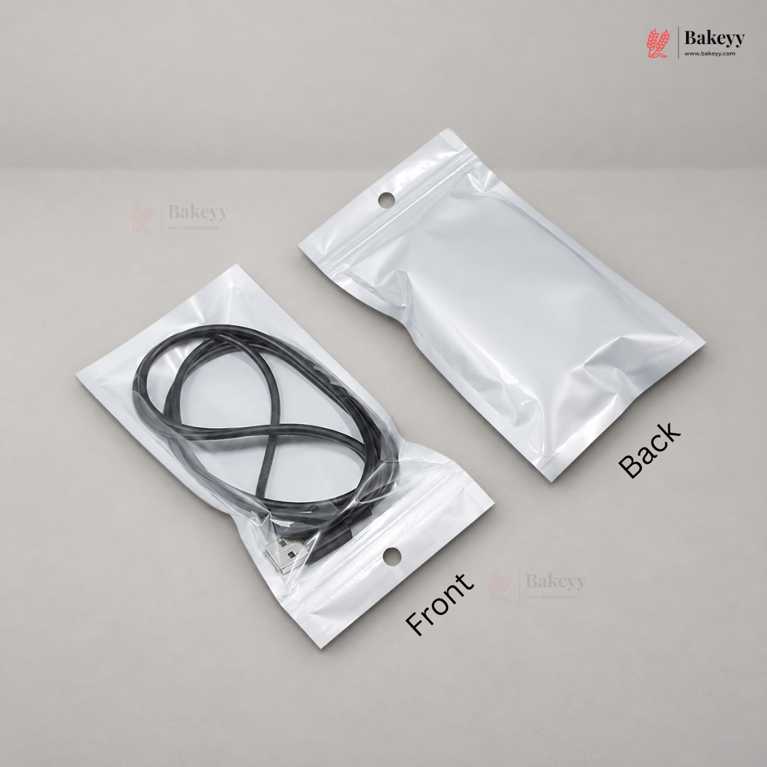 Two silver resealable zip-top pouches on a light gray background, labeled Front and Back. The front pouch is open and contains a black cable, while the back pouch is empty.