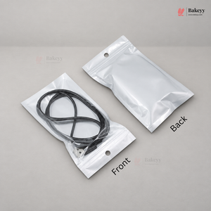 Two silver resealable zip-top pouches on a light gray background, labeled Front and Back. The front pouch is open and contains a black cable, while the back pouch is empty.