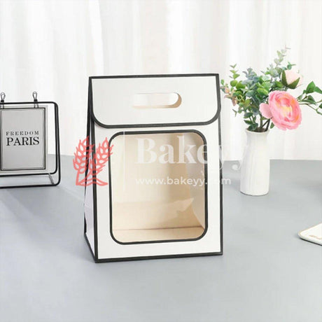 Gift Bag With Clear Window, Flip Cover And Handle, Flower Arrangements, Valentine's Day, Christmas, Souvenir Paper Bag |Pack Of 12| - Bakeyy.com - India - Gift Bag With Clear Window, Flip Cover And Handle, Flower Arrangements, Valentine's Day, Christmas, Souvenir Paper Bag |Pack Of 12| - White With Black Edges