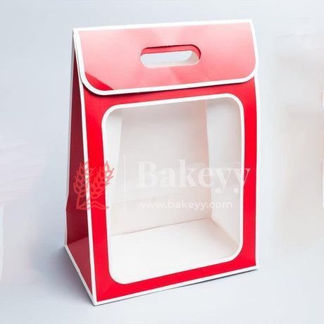 Gift Bag With Clear Window, Flip Cover And Handle, Flower Arrangements, Valentine's Day, Christmas, Souvenir Paper Bag |Pack Of 12| - Bakeyy.com - India - Gift Bag With Clear Window, Flip Cover And Handle, Flower Arrangements, Valentine's Day, Christmas, Souvenir Paper Bag |Pack Of 12| - Red With White Edges