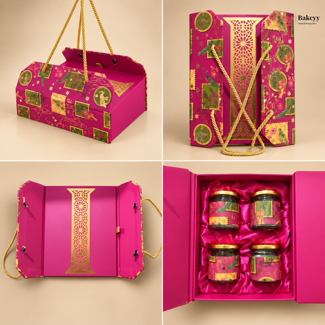 Heritage Rigid Gift Box with 4 Glass Jars | Luxury Festive Gift Box | Pack of 1
