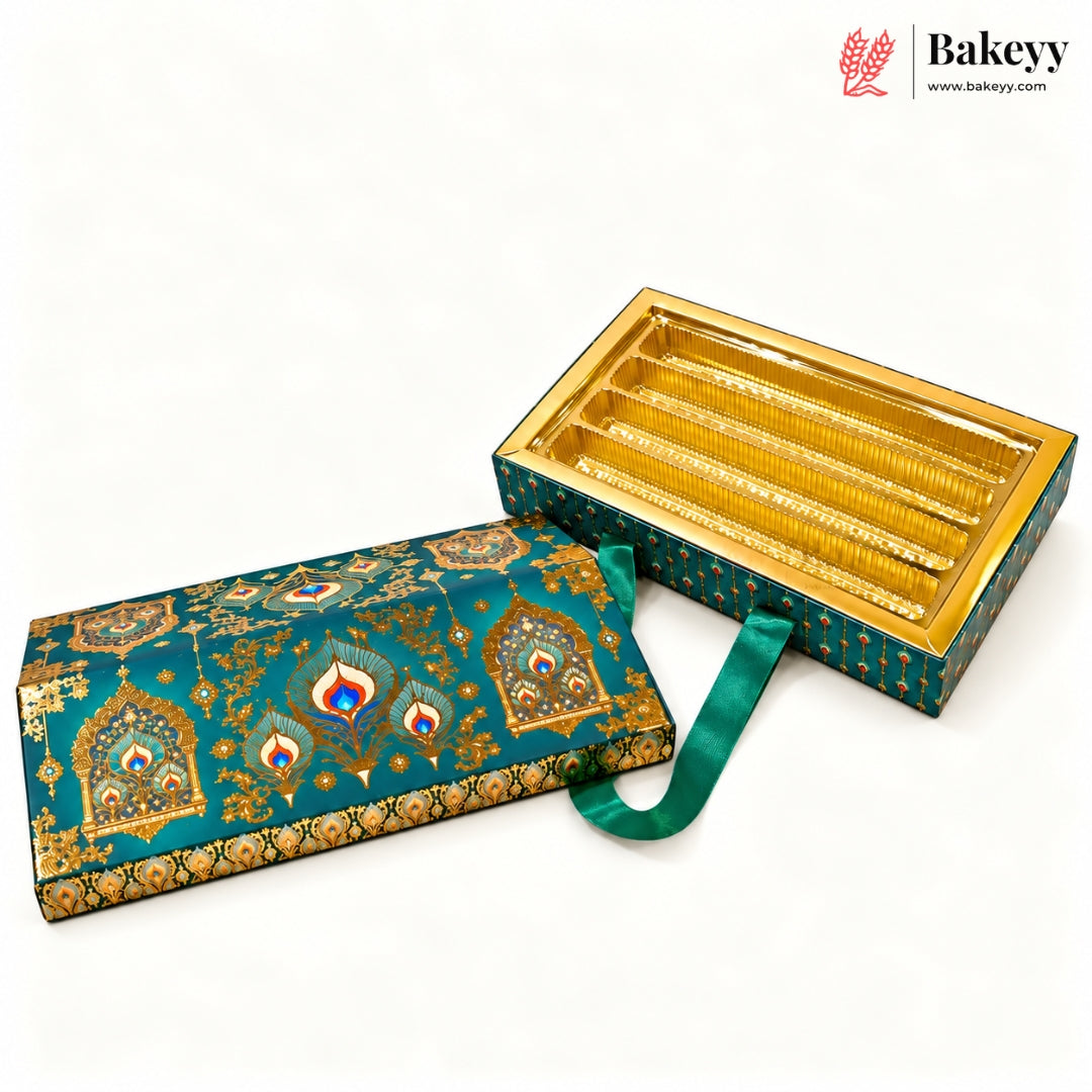 Printed Sweet Box with Golden Cavity & Stain Ribbon Handle | 2 Designs | Pack of 1