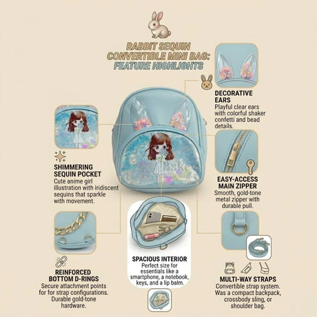 Girls Mini Backpack Crossbody Bag with Glitter Window & Bunny Ear Design | Pack of 1