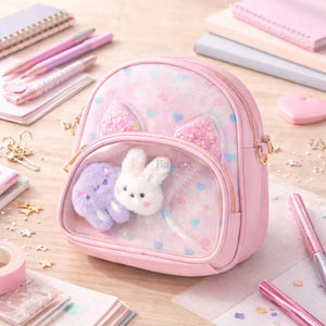 Girls_Mini_Crossbody_Backpack_with_Bunny_Charm_Cat_Ear_Glitter_Window_PVC_Pocket_Kids_Bag - Bakeyy.com