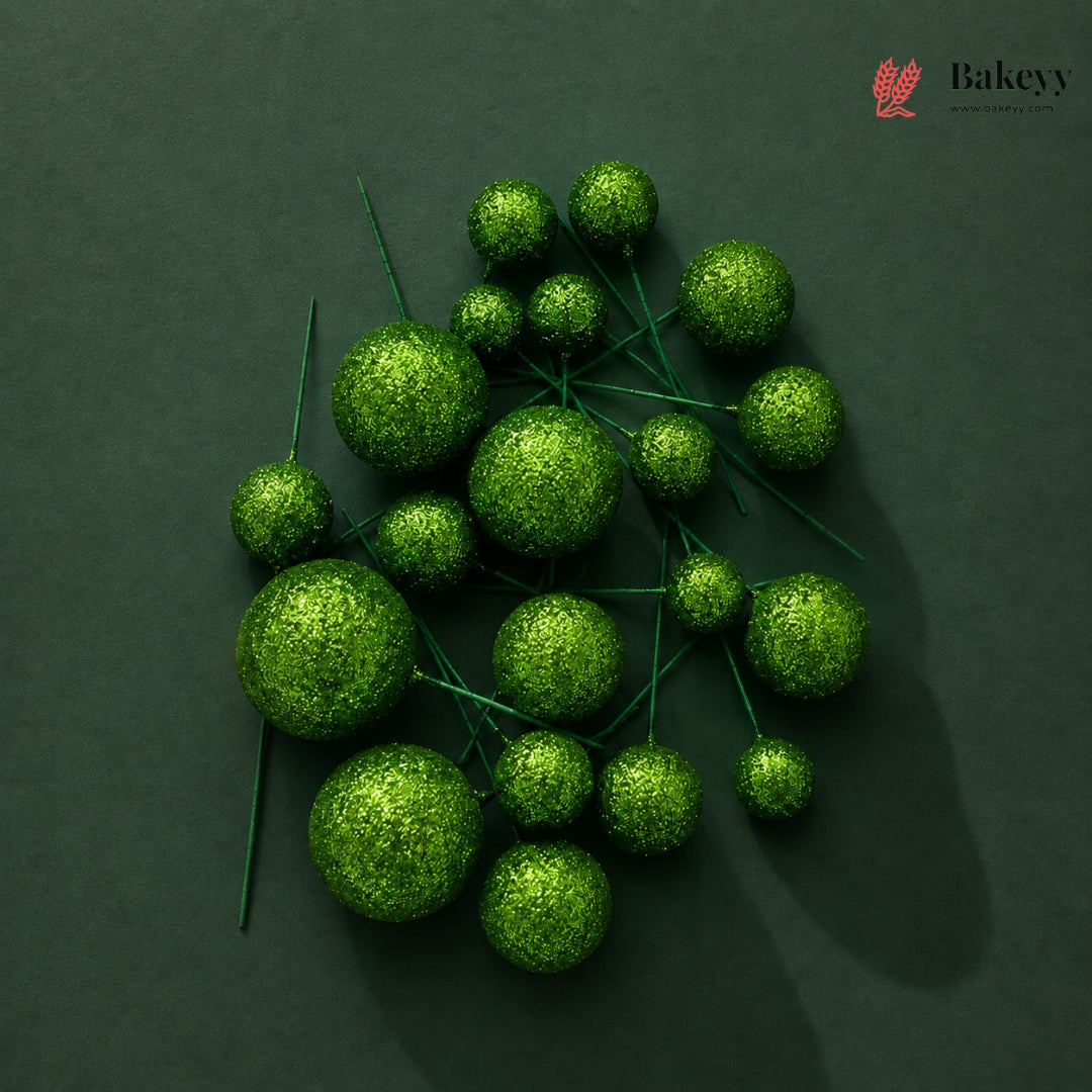 Green decorative balls on a dark green background with 'Bakeyy' branding.