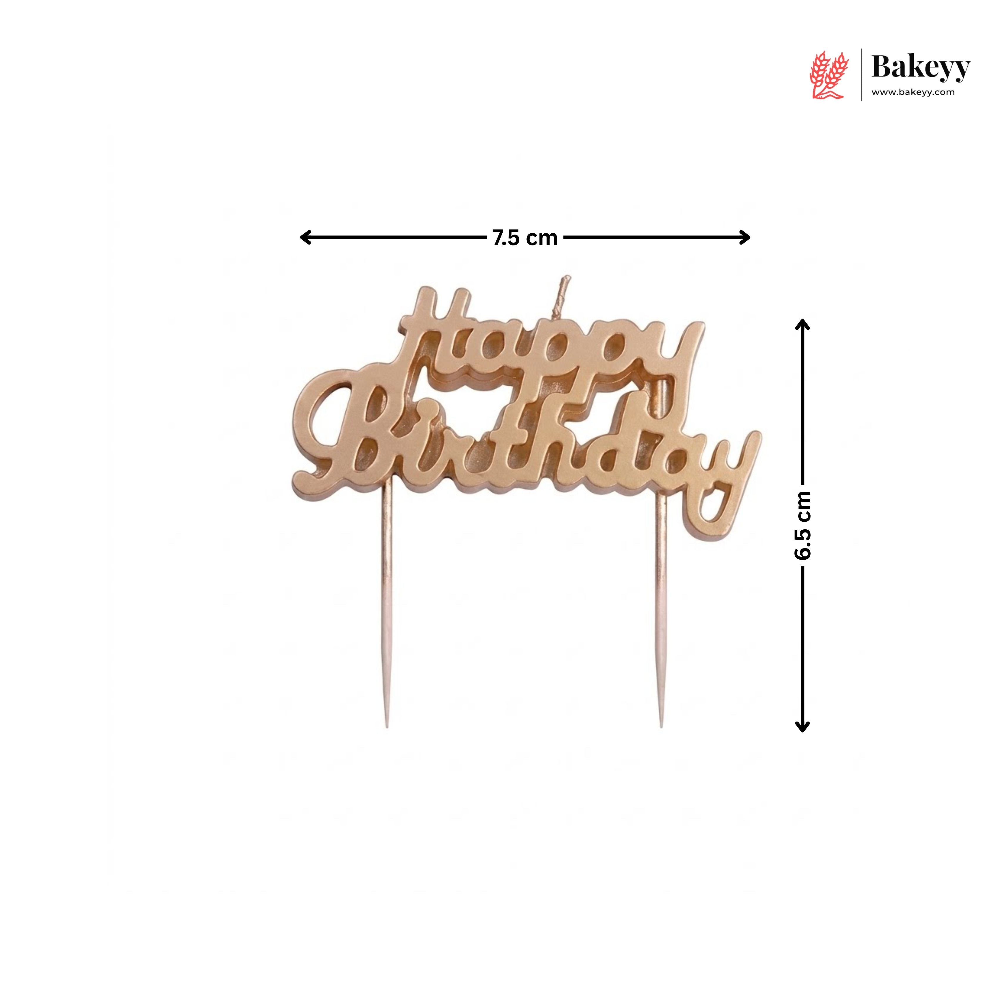 Wooden 'Happy Birthday' cake topper with dimensions on a white background, featuring the Bakeyy brand.