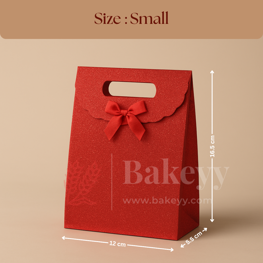 Red gift bag with a bow and dimensions on a beige background