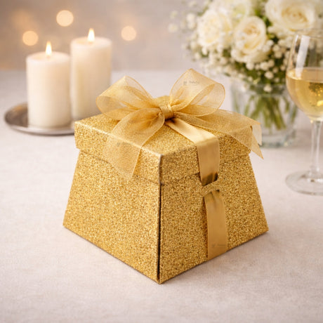 Glitter Gift Box with Ribbon | Trapezoid Premium Favor Box | 3 Colors Available | Pack of 10