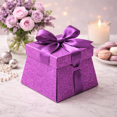 Glitter Gift Box with Ribbon | Trapezoid Premium Favor Box | 3 Colors Available | Pack of 10