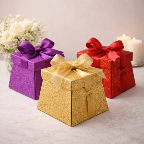 Glitter Gift Box with Ribbon | Trapezoid Premium Favor Box | 3 Colors Available | Pack of 10