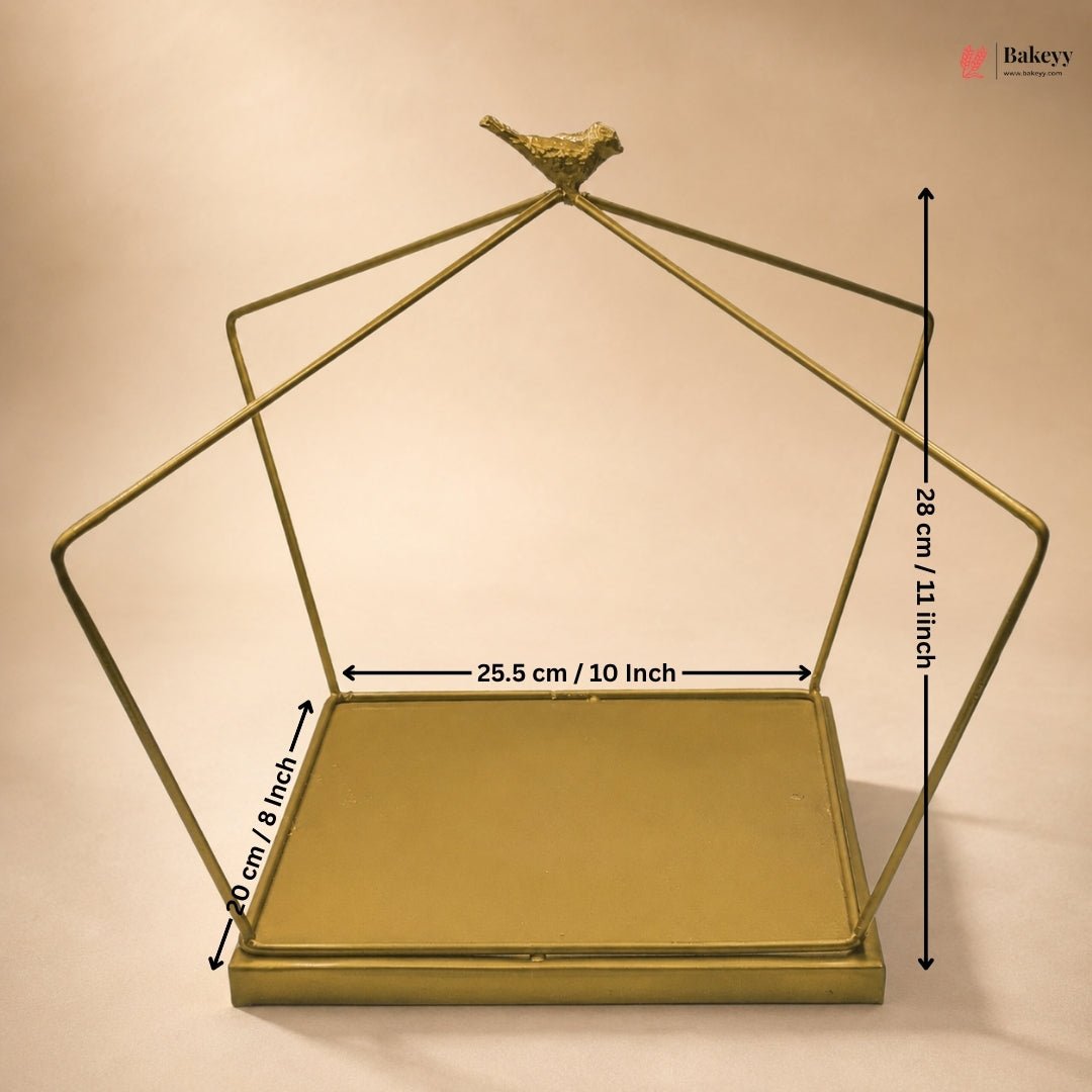 Gold geometric shelf with dimensions on a beige background