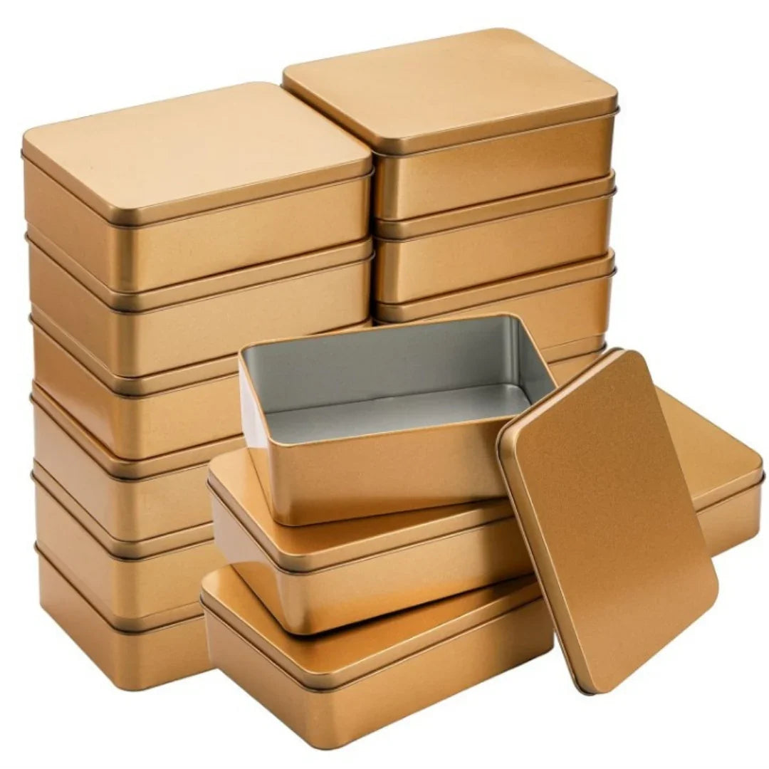 Gold Metal Tin Storage Box with Lid | Rectangular | Pack of 6