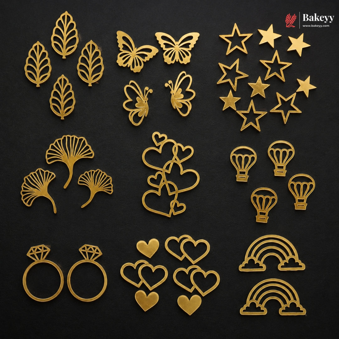 Gold Metallic Cake Topper Cutouts Set | Assorted Designs for Cake Decoration | Pack of 1