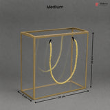Gold rectangular stand with a yellow rope, dimensions labeled on a gray background