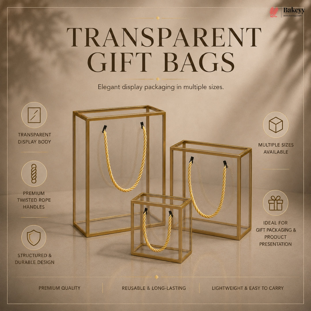 Transparent gift bags with gold handles on a beige background, featuring text about product features.