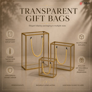 Transparent gift bags with gold handles on a beige background, featuring text about product features.