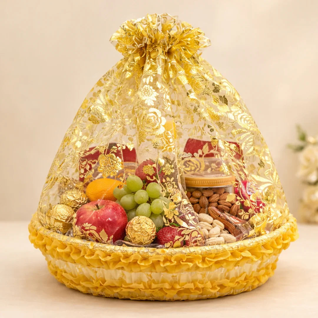 GoldRoundDecorativeNetBasketwithDrawstringCover_1 - Bakeyy.com