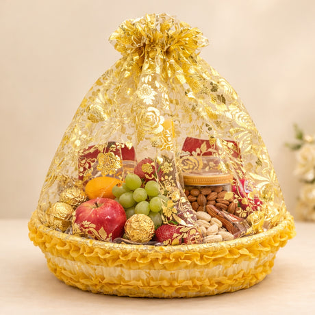 Gold Round Decorative Net Basket with Drawstring Cover | Hamper Basket for Gift Packaging | Pack of 1