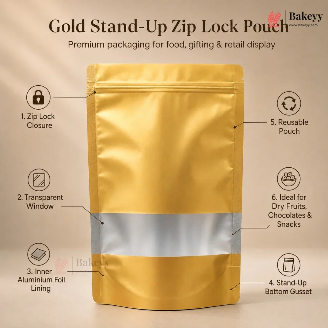 A gold stand-up zip lock pouch packaging with a silver reflective band around the middle, shown on a beige background with feature callouts and text.