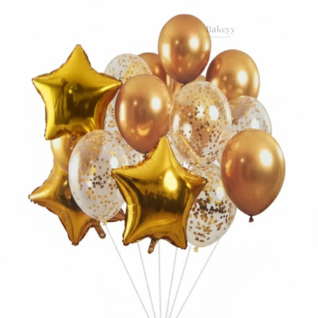 Gold Star Balloon Decoration Set | Star Foil Balloons with Gold Metallic & Gold Confetti Balloons | Party Decor Combo Kit | 13 Pcs Set