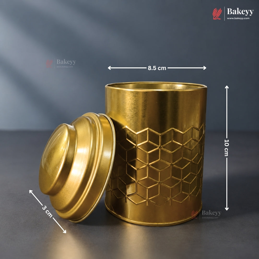 Gold-colored container with geometric pattern and dimensions on a dark background