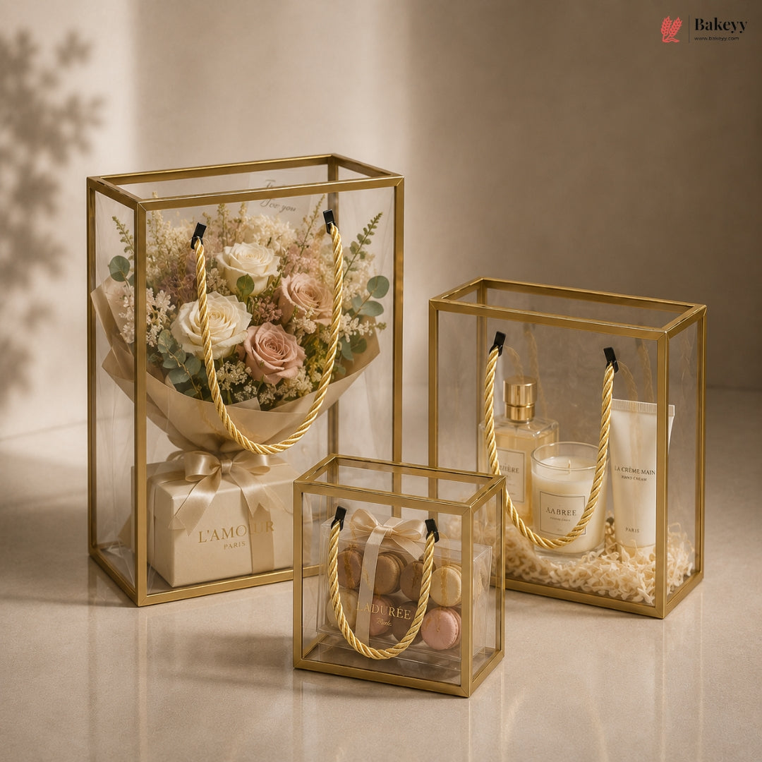 Set of three gold glass boxes containing various items on a neutral background