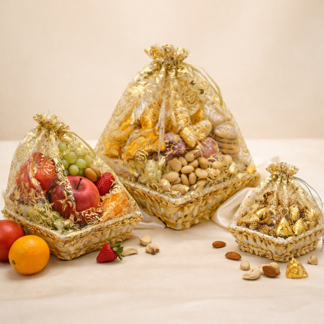 Gold Rectangle Decorative Net Basket | Hamper Basket for Gift Packaging | 3 Sizes Available | Pack of 1