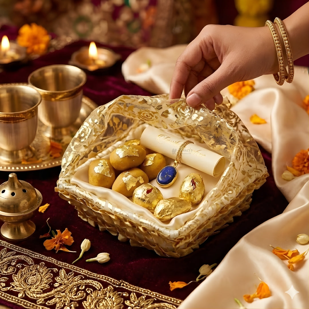 Gold Rectangle Decorative Net Basket with Drawstring Cover | Hamper Basket for Gift Packaging | 3 Sizes Available | Pack of 1