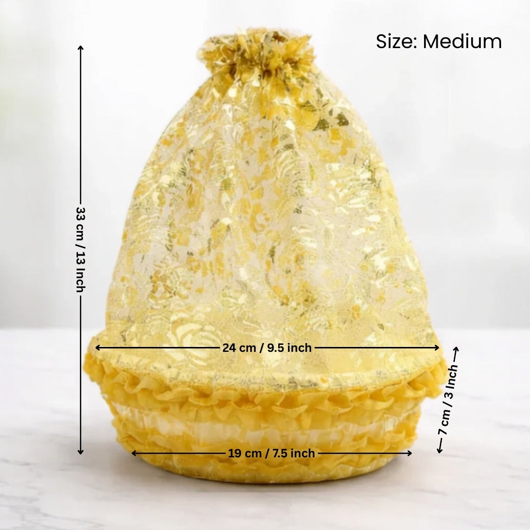 Yellow drawstring bag with measurements on a white background
